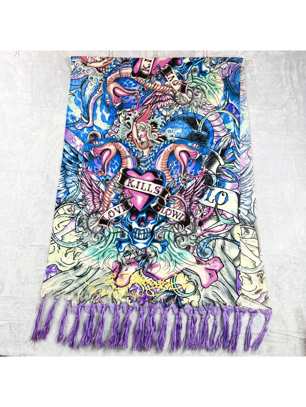 EdHardy Christian Audigier Love Kills Slowly Skull Heart Tattoo Fringe Scarf Y2K